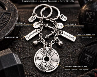 Couples gym keychain set Always Together Train Together with initials and Never Give Up tag, fitness gift for partners or gym couples
