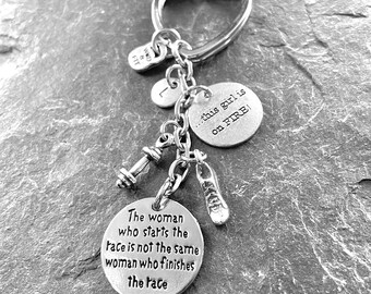 Motivational Keychain The woman who start the race is not..Dumbbell & Motivation.Gift for Runner,Woman Gift,Runner,Runner Girl,Runner Woman