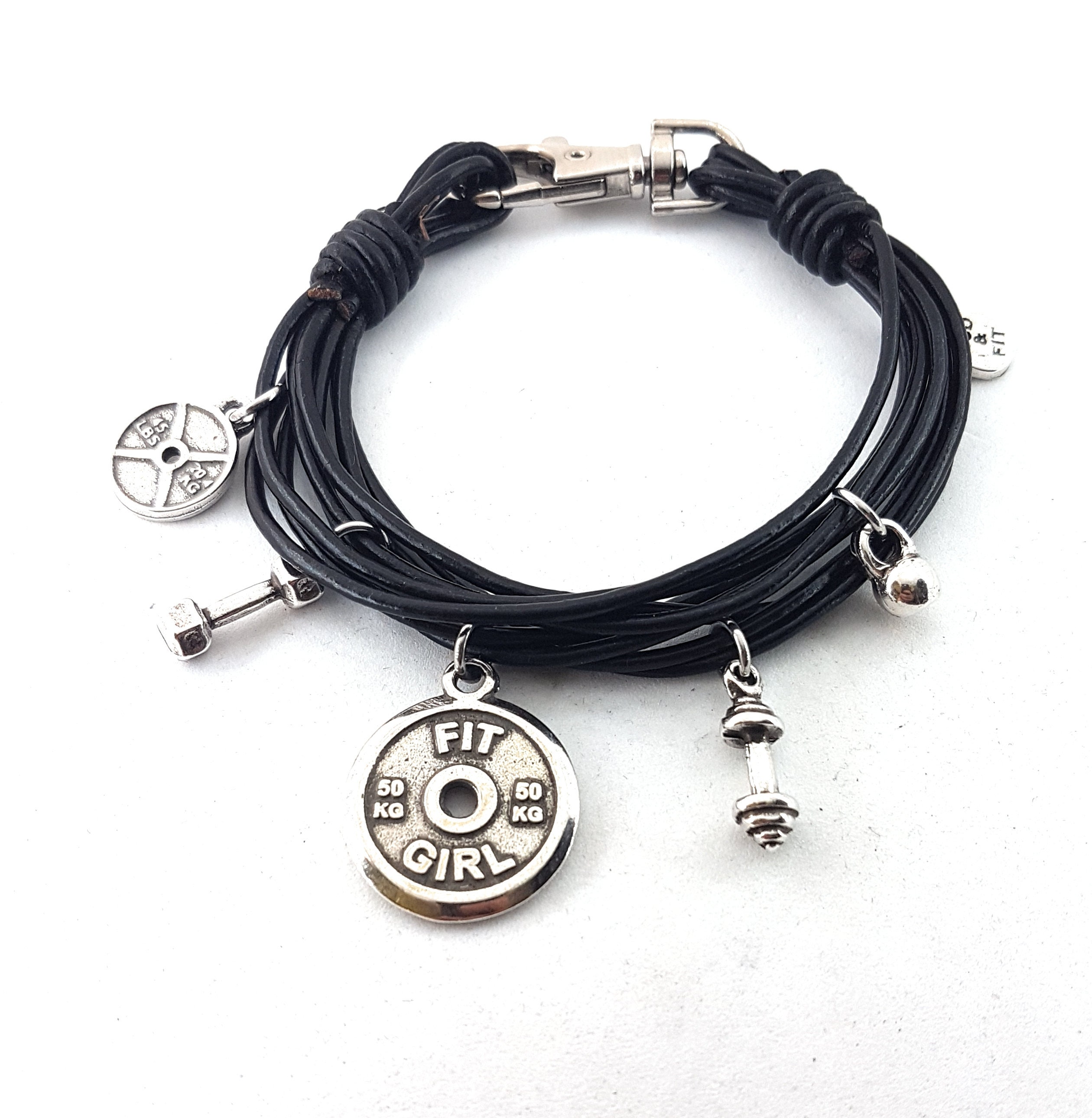 Bracelet Double Under Workout Black Leather Dumbbell,Motivation,Fitness