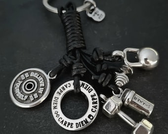 Gym Keychain Best Workout Black Leather Custom Gift - Shaker -Dumbbell -Bodybuilding Gifts -Weight Lifter-Fitness - Exercise Gift -Wod & Fit