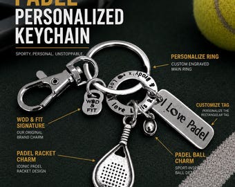Personalized padel tennis keyring, custom racket sport gift for player, coach, athlete, tennis lover or padel lover- Wod & Fit