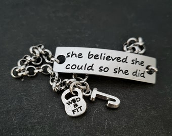 Motivational Strength Bracelet, Custom Initial Jewelry Encouraging She Believed She Could So She Did Fitness Lover Gift, Mom Gift  Wod & Fit