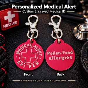Puede incluir: Dos etiquetas médicas redondas de metal rojo con cierres de mosquetón plateados. La etiqueta frontal presenta una cruz blanca y el texto MEDICAL ALERT EPI PEN. La etiqueta trasera está grabada con el texto Pollen-Food allergies en letras blancas.