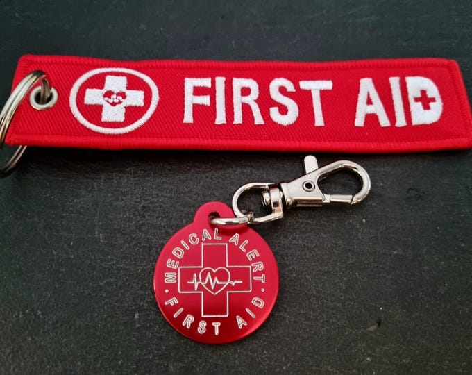 Emergency Medical Alert First Aid + Aluminum Tag · Epipen Inside · Medical Alert Keychain - Diabetes - Allergy - Inhaler inside · First Aid