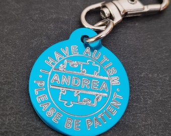 Emergency Medical Alert Autism Custom Engraved Aluminum Round 32mm NO LASER - Medical Alert Autism Keychain - Allergy - Medical ICE id Info