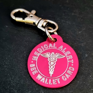 Emergency Medical Alert Custom Engraved Aluminum Round 32mm NO LASER - Medical Alert Keychain - Diabetes - Allergy - Medical Condition Info