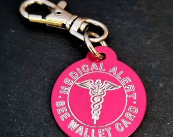 Emergency Medical Alert Custom Engraved Aluminum Round 32mm NO LASER - Medical Alert Keychain - Diabetes - Allergy - Medical Condition Info