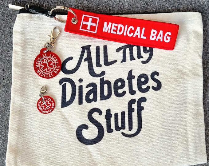 Emergency Pouch Medical Alert Medical Bag + Aluminum Tag · Emergency First Aid Pouch - Epipen Inside · Medical Alert Keychain - Diabetes