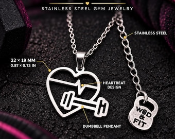 Dumbbell heartbeat pendant necklace, fitness jewelry gift for woman, gym girl, lifter, athlete, coach, trainer or workout lover Wod & Fit