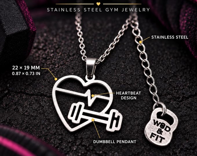Dumbbell heartbeat pendant necklace, fitness jewelry gift for woman, gym girl, lifter, athlete, coach, trainer or workout lover Wod & Fit