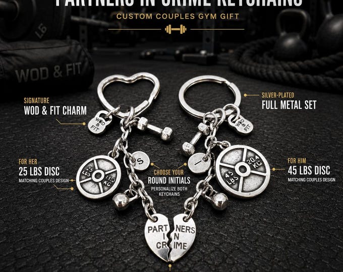 Gym partners in crime couple keychains with 45lbs and 25lbs plates, fitness gift for him and her or workout partners · Wod & Fit