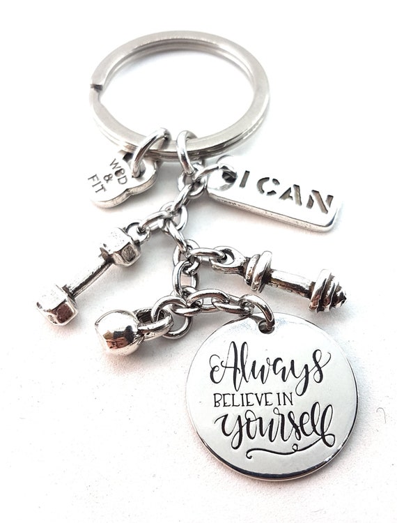 Cross Fit Fitness Dumbell Barbell Gym Key Ring Keychain "Believe In Yourself" 