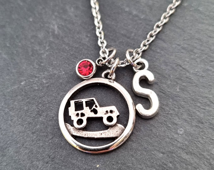 Necklace Off road Girl 4x4 off-road Birthday Month Stone & initial - Off Road Lovers- 4x4 Gifts For Her- Off road Gift - Girl Necklace Gift