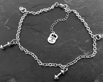 Fitness Gift Anklet Workout gift Kettlebell & Barbell -Gym Gift - Fit Girl- Weight lifting -Power Girl - Fit Mom - Anklet chain- Wod and Fit