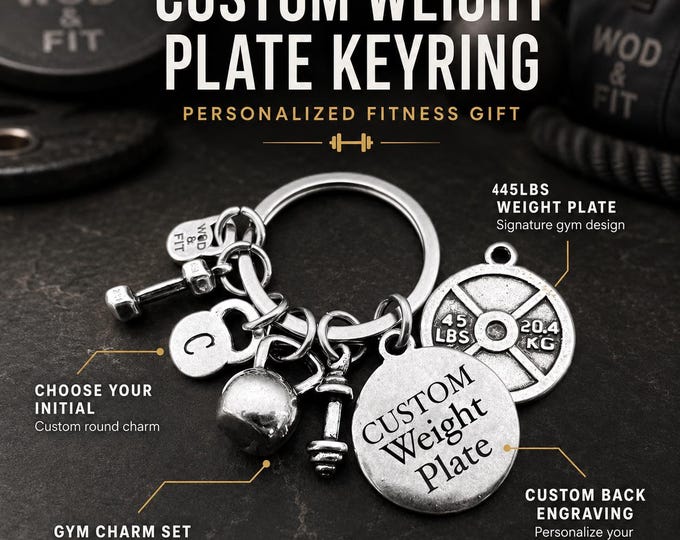 Custom 45lbs Lumberjack gym keyring with weight plate, personalized fitness gift for men, lifters, coaches or athletes  Wod & Fit