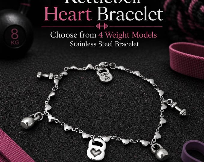 Kettlebell heart fitness bracelet, motivational gym gift for women, gym girl, fit mom, athlete, coach or workout friend Wod & Fit