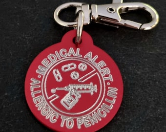 Emergency Allergy Warning Medical Alert Custom Engraved Aluminum Round 32mm NO LASER - Food Allergy - Medical Condition Info · Penicillin