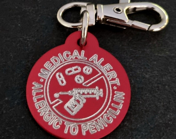 Emergency Allergy Warning Medical Alert Custom Engraved Aluminum Round 32mm NO LASER - Food Allergy - Medical Condition Info · Penicillin