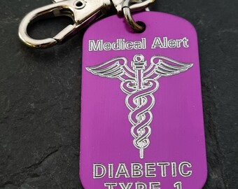 Keychain Medical Alert Personalized Engraved Aluminum 50x30 NO LASER - ICE Mediacla Alert · Diabetic - Allergy - Medical Condition Info