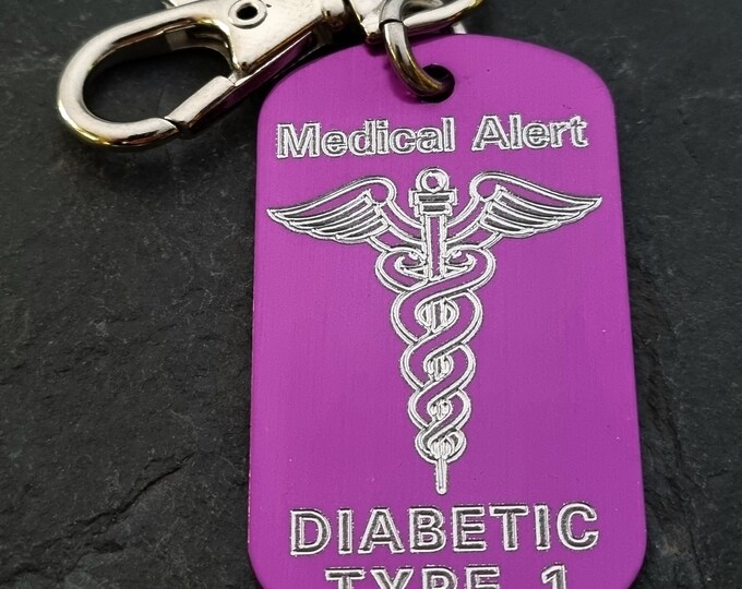 Keychain Medical Alert Personalized Engraved Aluminum 50x30 NO LASER - ICE Mediacla Alert · Diabetic - Allergy - Medical Condition Info