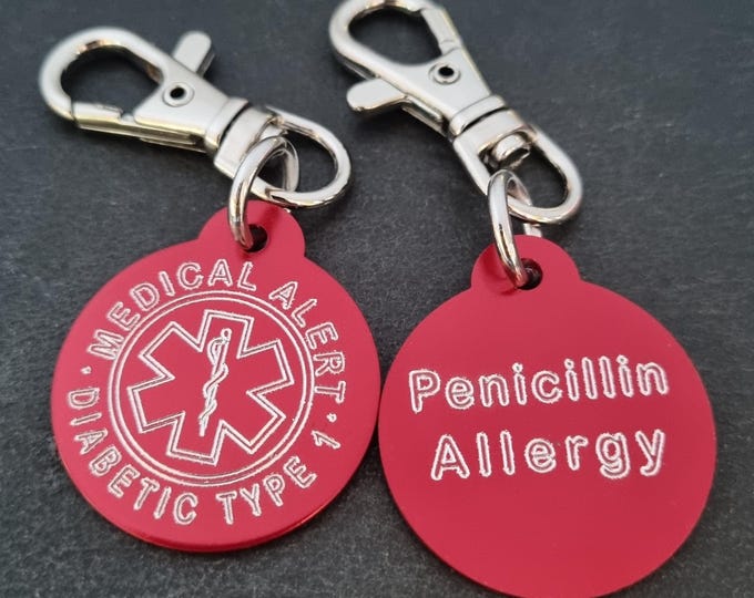 Emergency Medical Alert Custom Engraved Aluminum Round 32mm NO LASER - Medical Alert Keychain - Diabetes - Allergy - Medical Condition Info