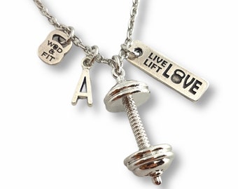 GYM Custom Barbell Necklace With Motivatión and Initial - Motivation Gift - Gym gifts - Weightlifting · Custom name necklace · Wod & Fit