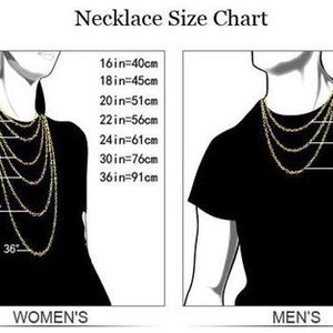 May include: Necklace size chart with measurements in inches and centimeters. The chart shows different necklace lengths on a model, with the measurements marked on the side.