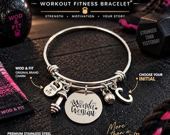Bracelet Wonder Woman Workout fitness bracelet with personalized initial for women, motivational gift for gym girl, athlete, fit mom gift
