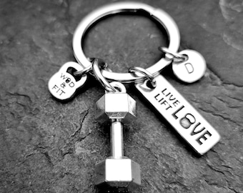 Gym Keyring Dumbbell Live Love Lift Initial - Gym Gifts -Bff Gifts · Dad Gift · Mom Gift · Boyfreind Gift · Bodybuilding Gift - Wod & Fit