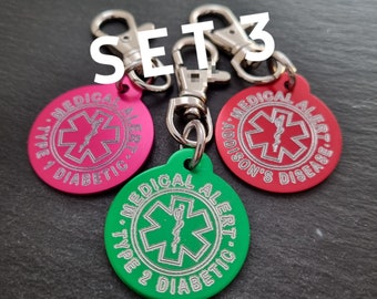 Emergency Medical Alert SET 3 Custom Engraved Aluminum Round 32mm NO LASER -Medical Alert Keychain-Diabetes- Allergy -Medical Condition Info