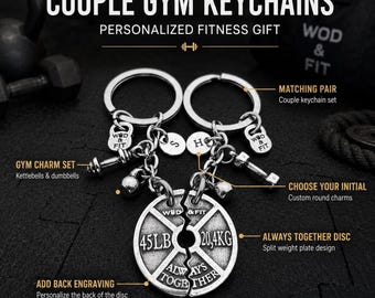 Weight Plate Always Together couples gym keychains, romantic fitness gift for boyfriend, girlfriend, husband, wife or workout partner W&F
