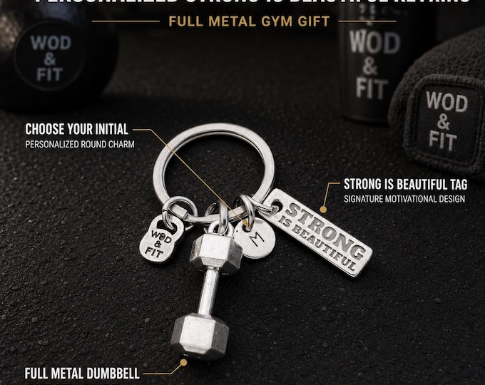 Strong Is Beautiful Gym Keychain with Dumbbell and Initial, Unisex Fitness Gift for Gym Lover, Coach or Friend ·Wod & Fit