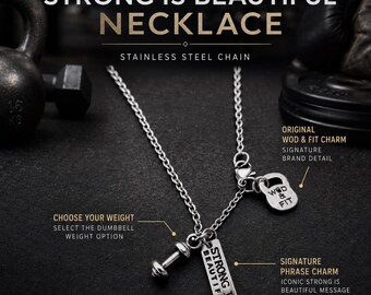 Strong Is Beautiful Gym Necklace, Fitness Gift for Her with Kettlebell, Dumbbell, Barbell, Weight Plate or Boxing Gloves Wod & Fit