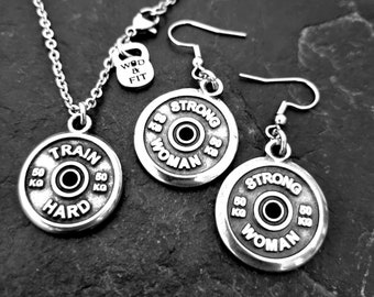 Necklace Earring Set Weight Plate Gym Gifts · Workout Gifts · Bodybuilding Jewels - Weight Lifting - Fitness Gifts- Crossfit Gifts Wod & Fit