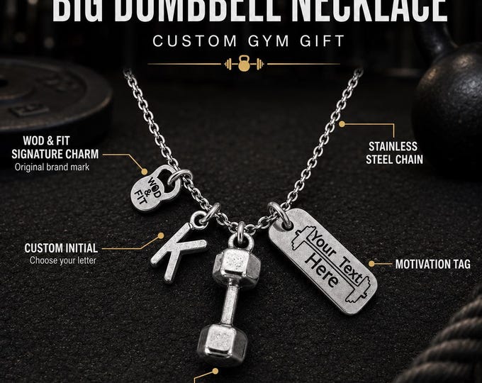 Dumbbell gym necklace with initial and custom motivational tag, personalized fitness gift for lifter, athlete or coach · Wod & Fit
