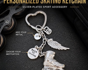 Personalized Skating Keychain with Initial, Roller Skate Gift for Skater Girl, Inline Skating Charm with Motivational Quote