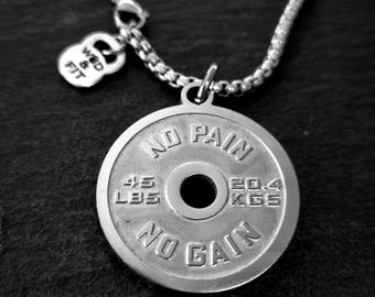 Gym Gift No Pain No Gain Weight Plate Necklace Motivation · Bodybuilding · Weight Lifting - Gym necklace · Gyft for Boyfriend ·  Wod & Fit