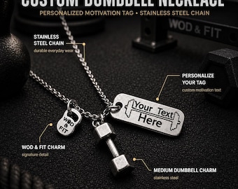 Personalized unisex dumbbell necklace for gym lovers, custom fitness gift for men, women, lifters, athletes, coaches or trainers · Wod & Fit