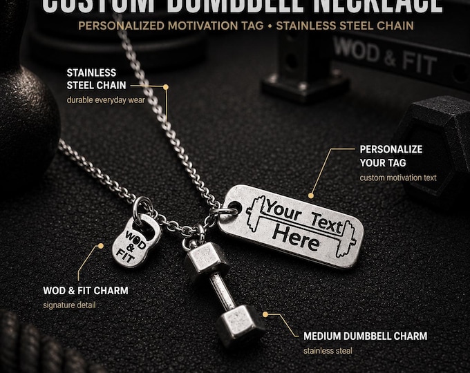 Personalized unisex dumbbell necklace for gym lovers, custom fitness gift for men, women, lifters, athletes, coaches or trainers · Wod & Fit