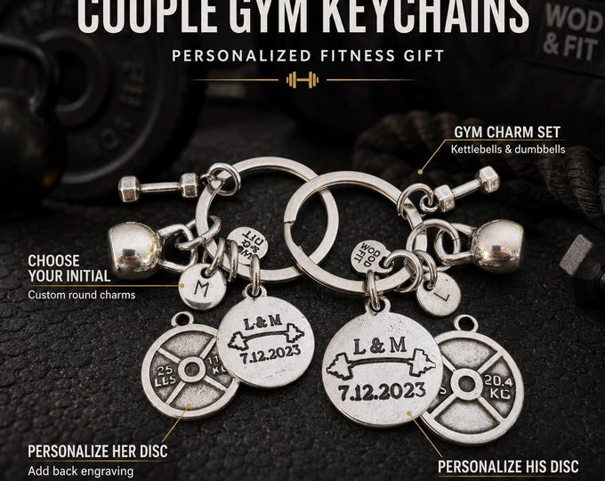 Personalized couples gym keychains with 25lbs plate for her and 45lbs plate for him, romantic fitness gift for partners Wod & Fit