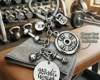 Gym Woman Keychain Personalized Fitness Gift for Women Gym Lover Dumbbell Kettlebell Barbell Charm Heart Ring Fit mom , Fit Girl Wod & Fit