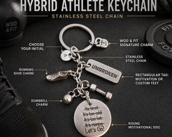 Hybrid Athlete Keychain with Initial, Running Gym Fitness Gift with Runner Shoe, Dumbbell and Kettlebell· Wod & Fit