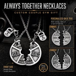 May include: Two silver-toned metal necklaces featuring weight plate pendants that interlock. Each pendant is engraved with 45LB or 20,4KG and the text ALWAYS TOGETHER. Small kettlebell charms are attached to the chains. Back side examples show custom engraving options with names and dates.