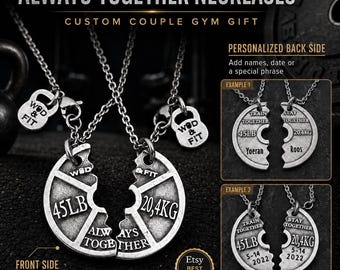 Couple gym necklaces with split weight plate Always Together and Train Together Stay Together, custom back fitness gift for gym couples