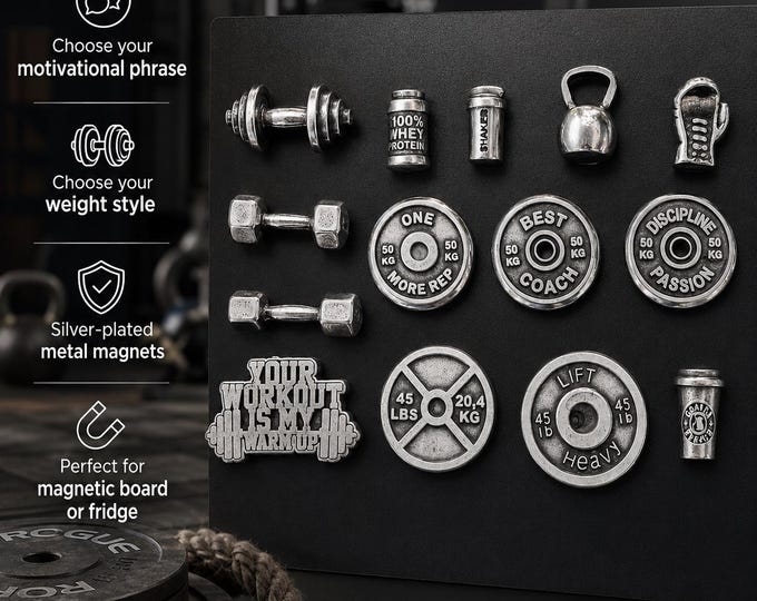 SET 8 Gym Magnets Barbell Motivation Weigth Plate - Whey Protein · Whiteboard magnet · Gym Gift · MDumbbell Magnet· Fridge magnet -Wod & Fit