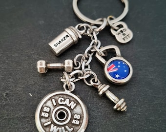 Fitness Keychain with National Flag Kettlebell, Dumbbell Motivational Plate - Shaker – Gym Gift Idea· Fitness jewels · Gym Gifts ·Wod & Fit