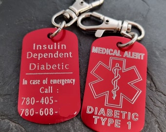 Medical Alert Keycahin Personalized Engraved Aluminum 50x30 - Medical ID Tag, Emergency Med Alert Keychain  ICE Medical Information Tag