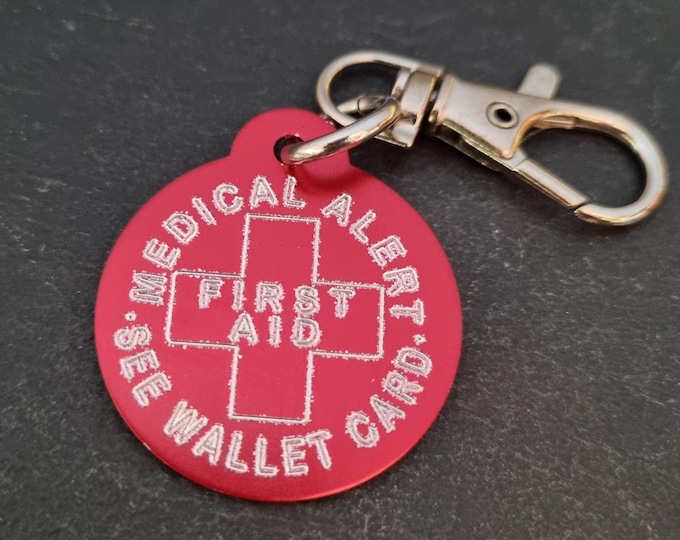 Emergency Medical Alert Custom Engraved Aluminum Round 32mm NO LASER - Medical Alert Keychain - Diabetes - Allergy - Medical Condition Info