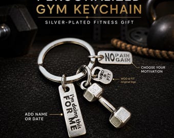 Personalized Gym Keychain with Name, Fitness Gift with Big Dumbbell, Motivational Word and Custom Tag · Mom Gift · Gym Gift·Wod & Fit