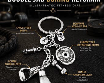 Boxing Gloves Keychain, Double Jab Boxing Gift, Personalized Fighter Keyring with Motivation Plate and Initial  Wod & Fit